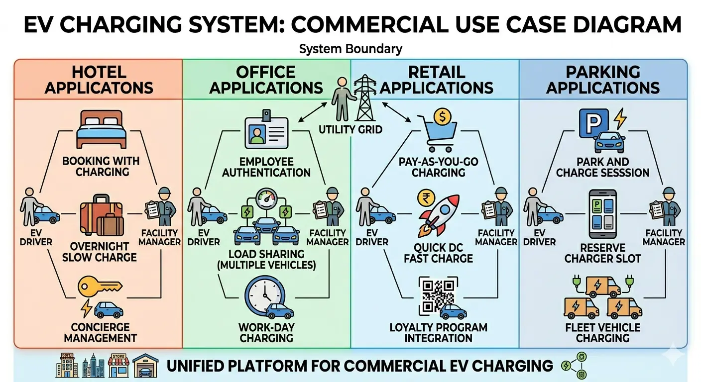 Hotel, office, retail and parking EV charging applications