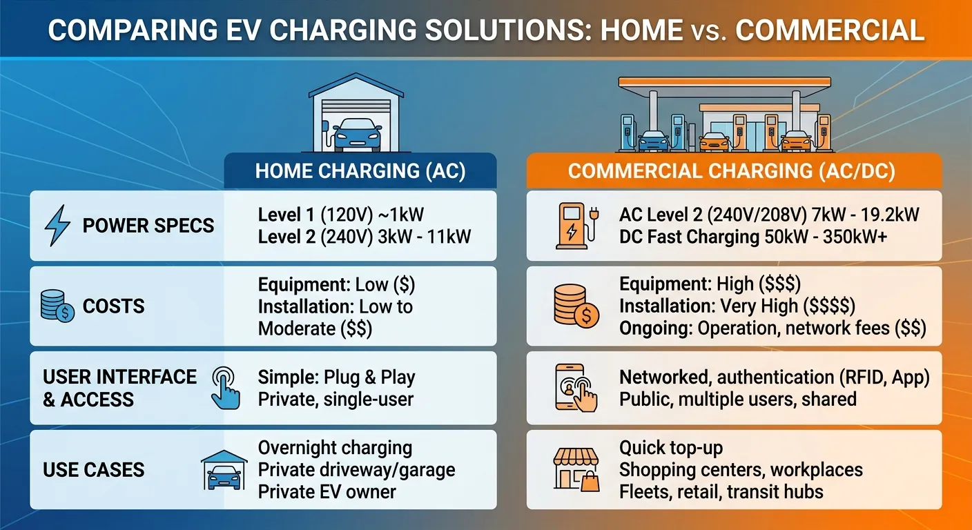 EV charging solutions comparison: home Level 2 chargers vs commercial DC fast charging stations