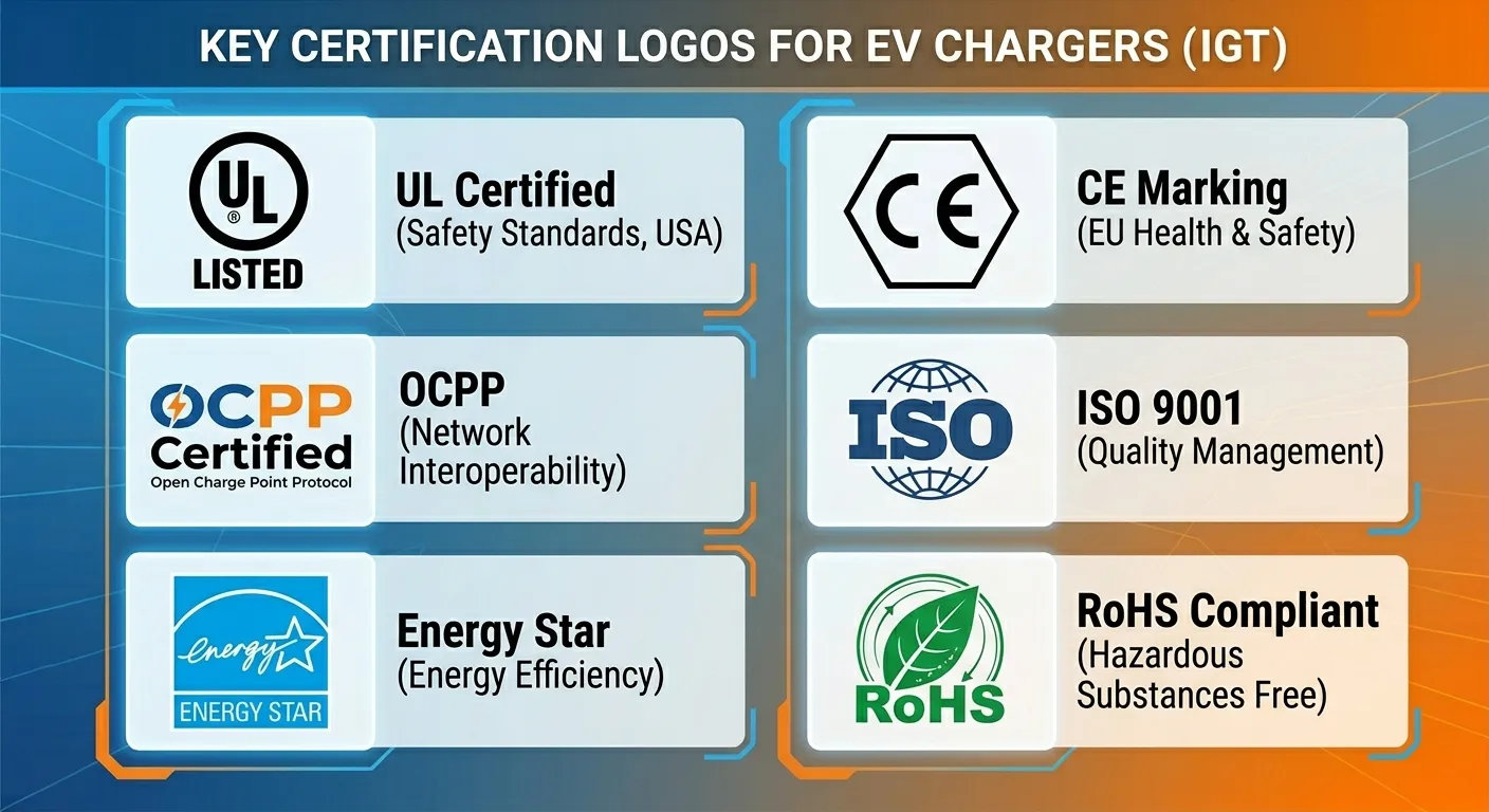 Key certification logos for EV chargers — UL, CE, IEC 61851, OCPP compliance marks
