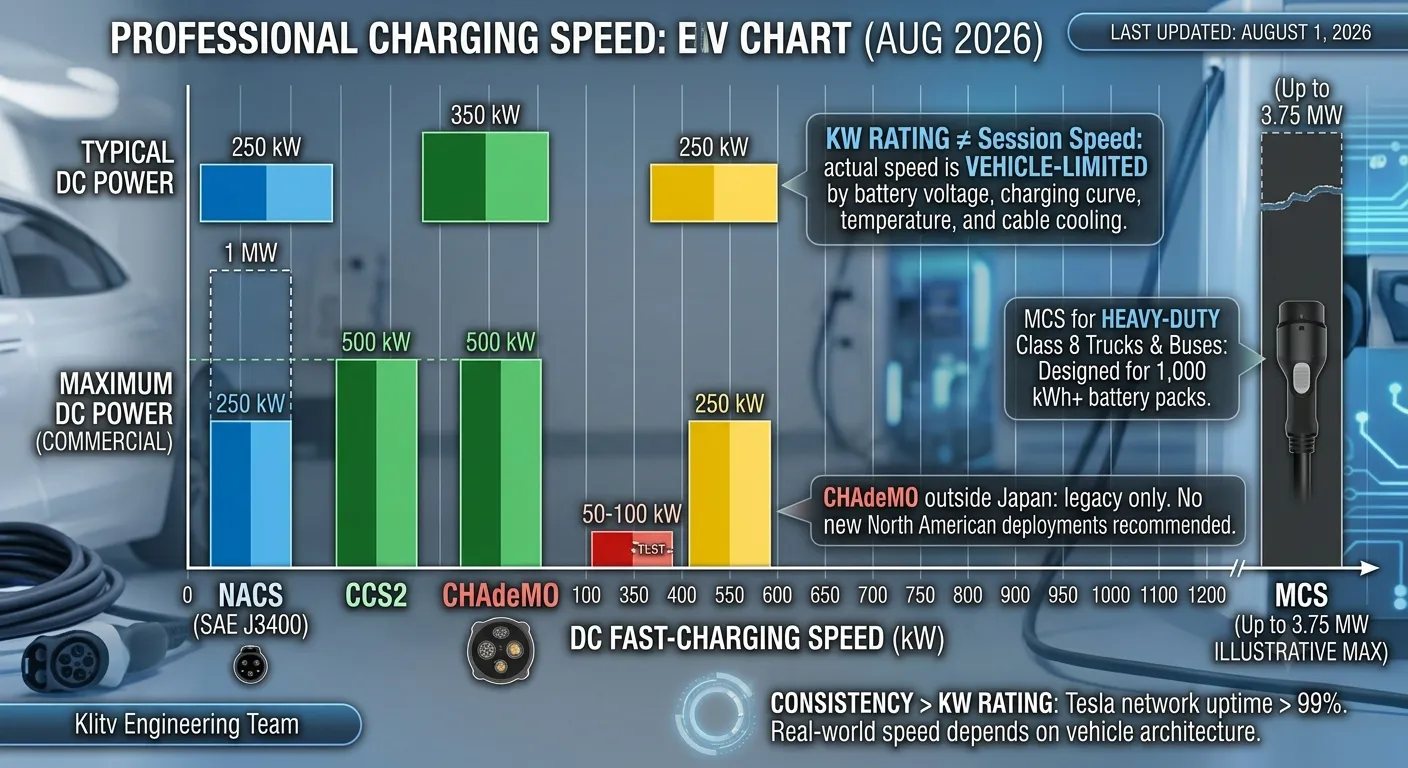 Professional EV charging speed chart — real-world comparison of NACS, CCS, and CHAdeMO charging power, voltage, and session time
