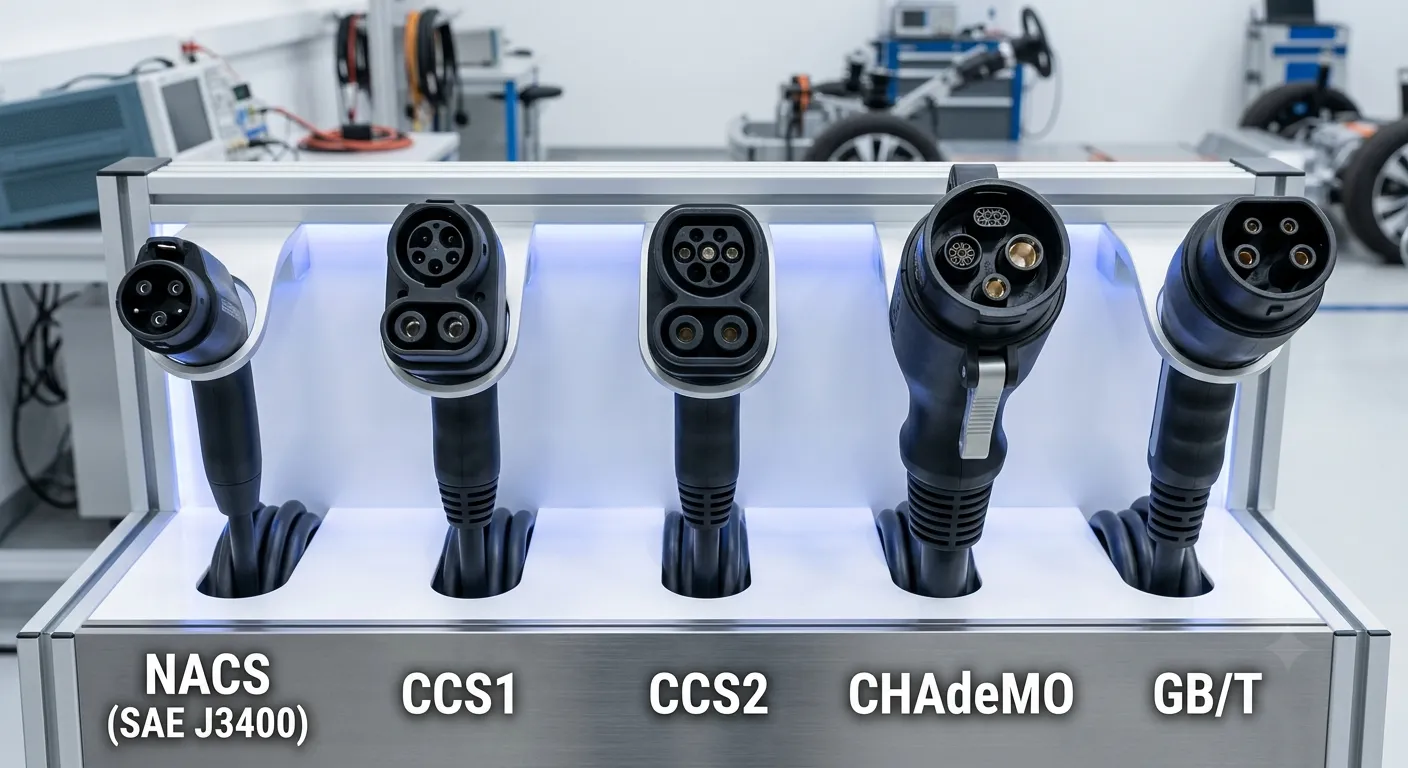 Side-by-side connector comparison — NACS, CCS1, CCS2, CHAdeMO, and GB/T physical design and size differences
