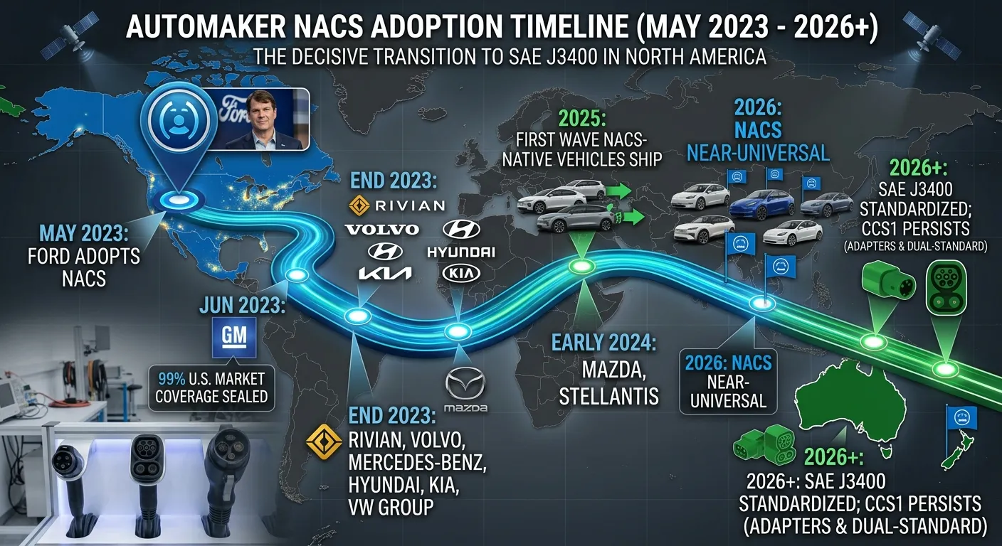 Automaker NACS adoption timeline — from Ford's May 2023 announcement to near-universal commitment covering 99% of the U.S. EV market by 2026