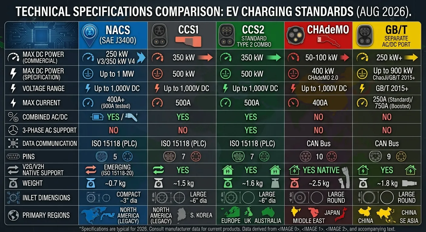 Technical specifications comparison — EV charging standards NACS, CCS1, CCS2, and CHAdeMO side by side