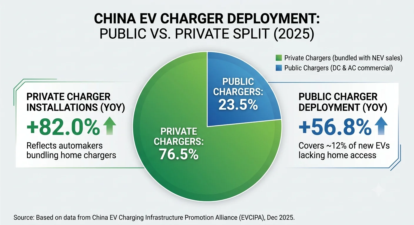 China EV Charger Deployment — Public vs Private Split 2025: 76.5% private chargers with +82% YoY growth, 23.5% public chargers