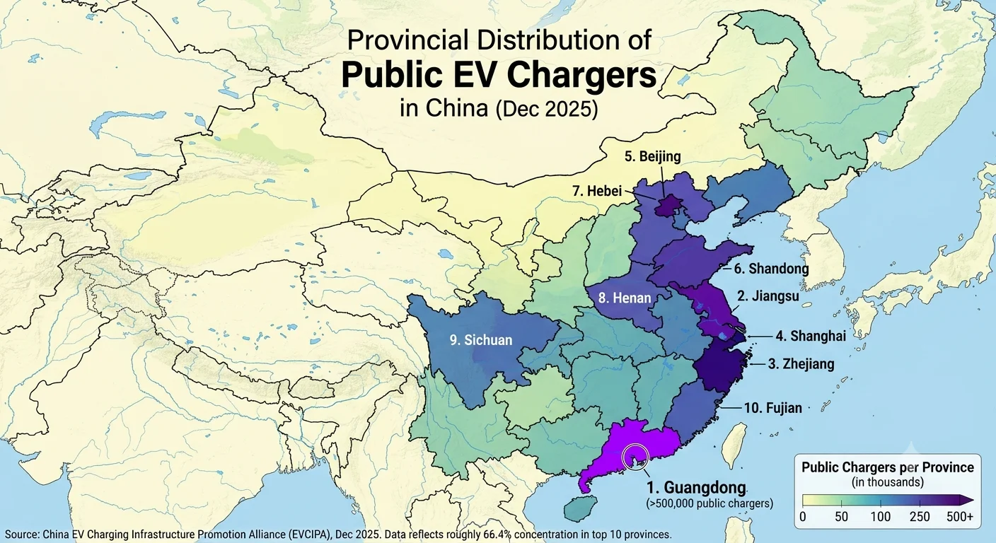 China Provincial Distribution of Public EV Chargers — Guangdong leads with 500,000+ chargers, top 10 provinces hold 66.4% of total