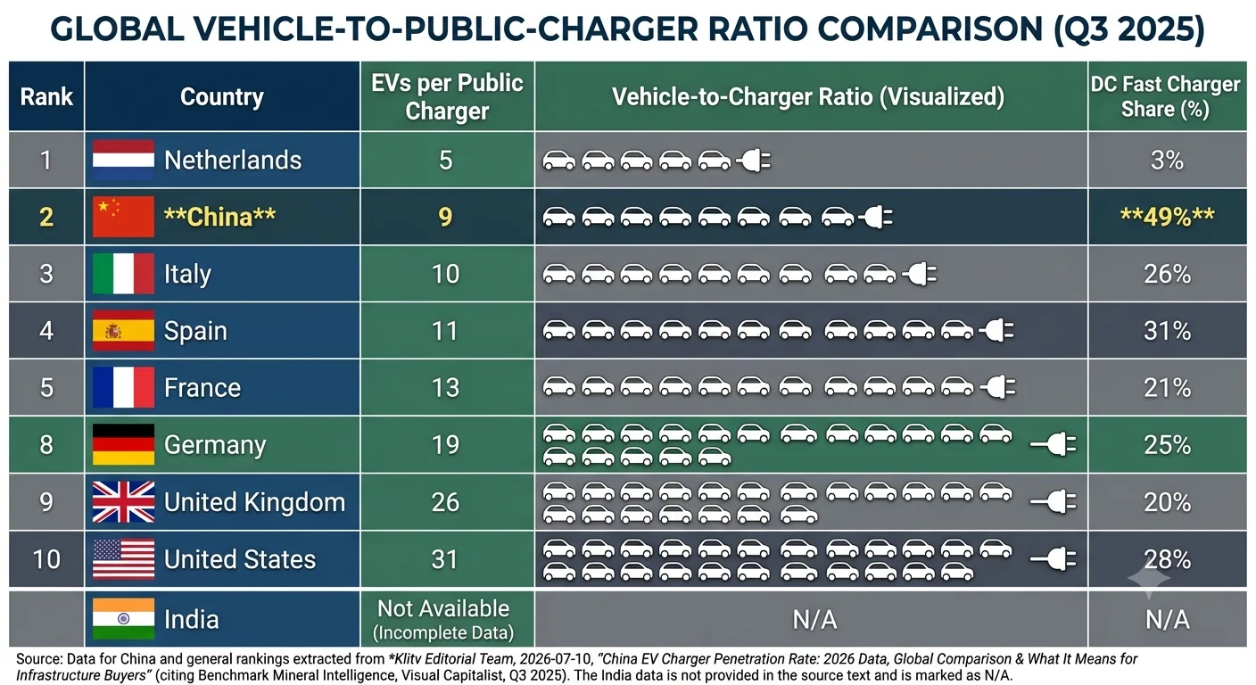 Global Vehicle-to-Public-Charger Ratio Comparison Q3 2025 — China ranks 2nd at 9 EVs per public charger with 49% DC fast charger share