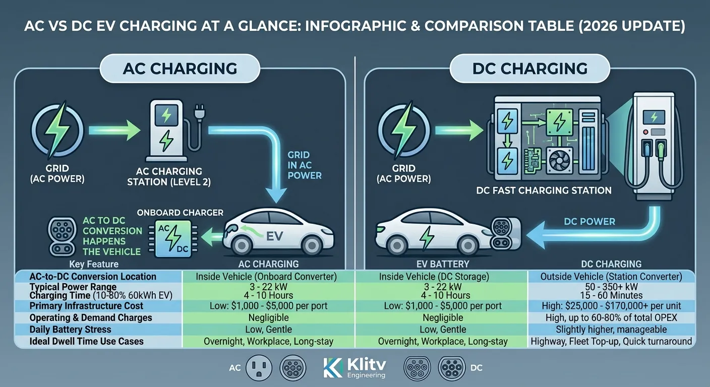AC vs DC EV charging at a glance — infographic and comparison table showing conversion location, power range, charge time, equipment cost, and installation time