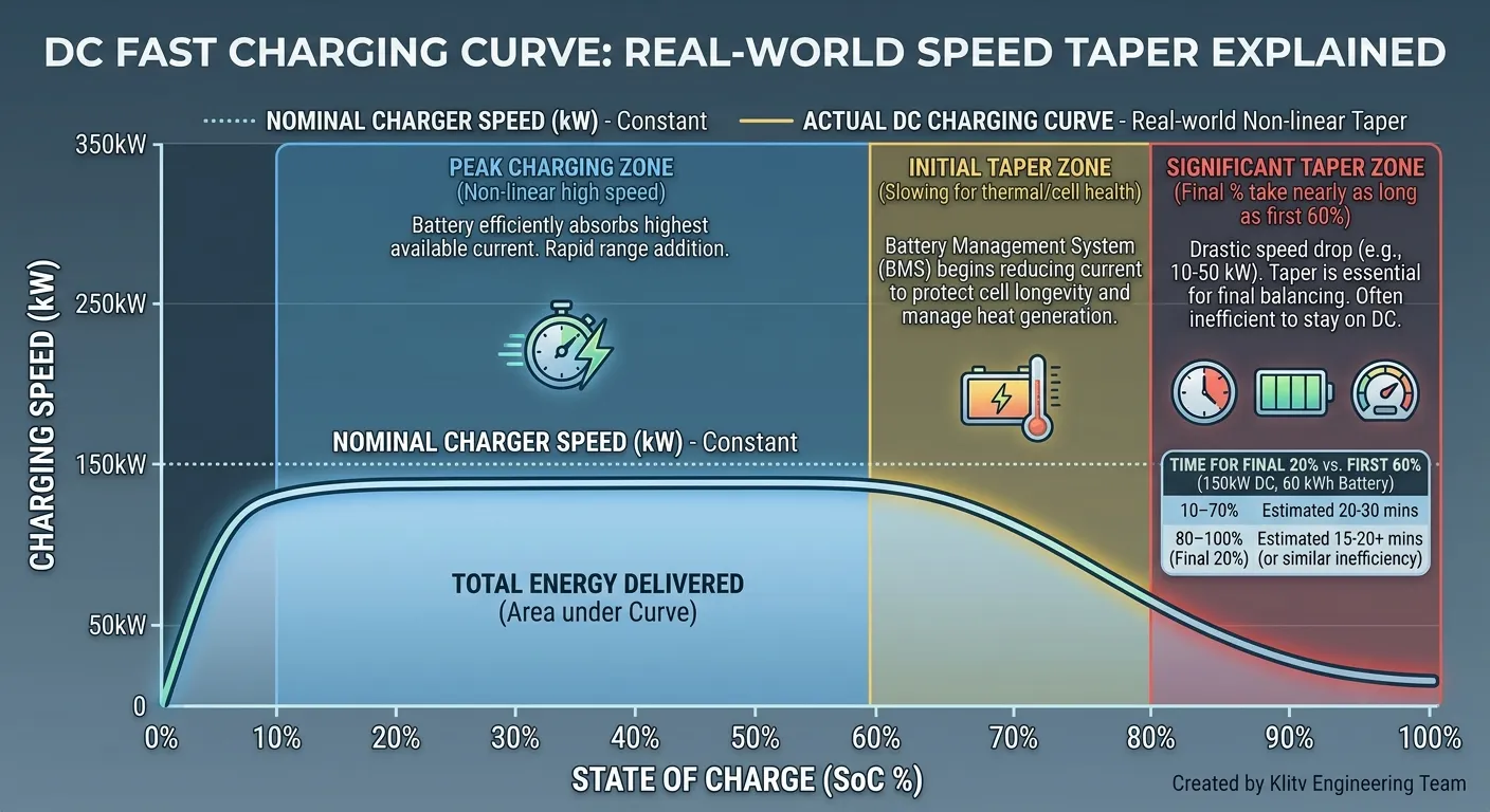 DC fast charging curve — real-world speed taper explained, why charging slows down after 80% state of charge