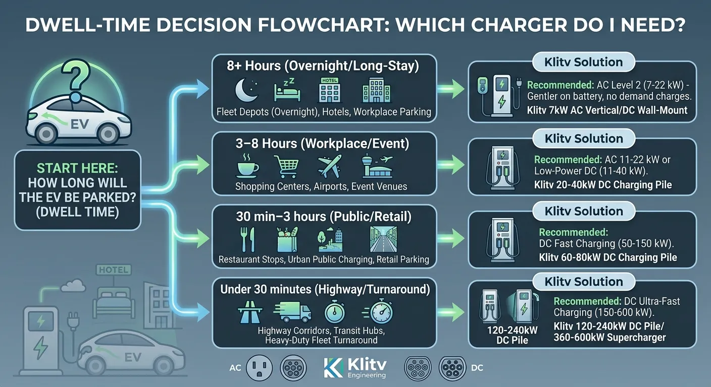Dwell-time decision flowchart — which charger do I need? Match charger speed to parking duration