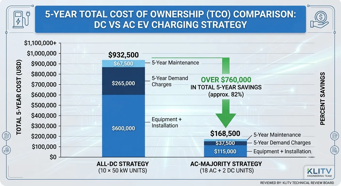 5-year total cost of ownership comparison — all-DC vs AC-majority strategy, equipment, demand charges, and maintenance costs