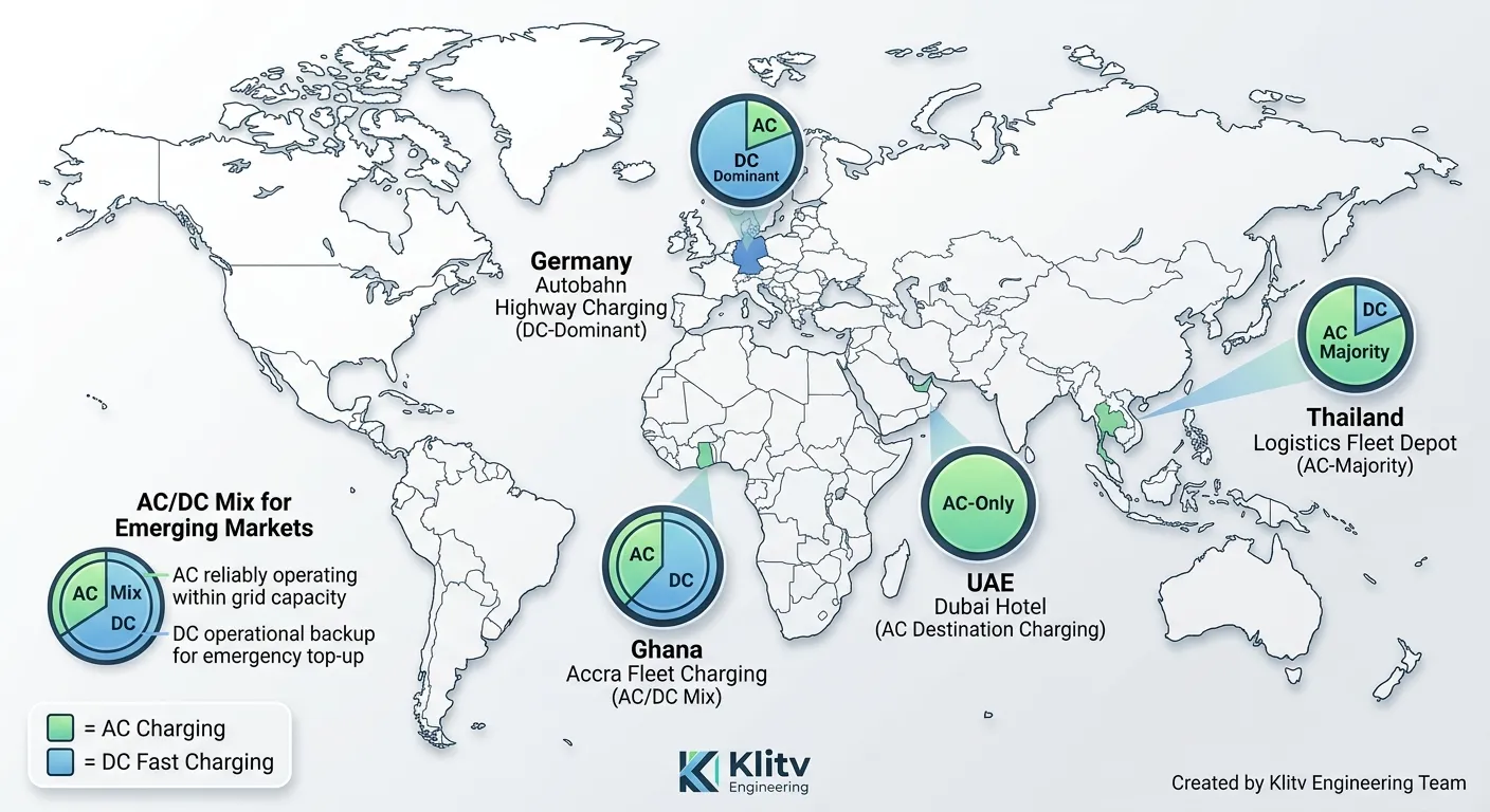 Klitv global project locations showing AC/DC mix at each site — Germany Autobahn, Thailand fleet depot, UAE Dubai hotel, Ghana Accra fleet