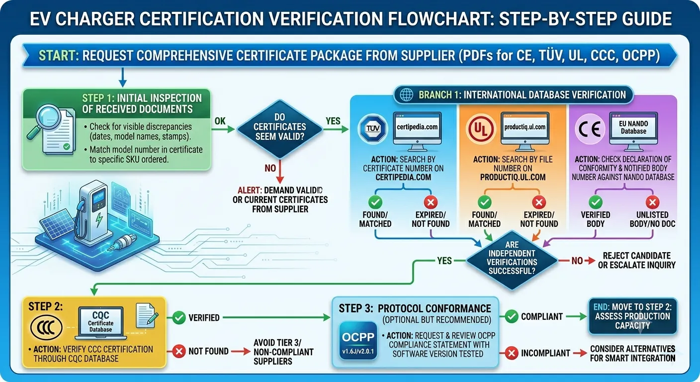EV charger certification verification flowchart — step-by-step guide to verifying TÜV, UL, CE, and CCC credentials