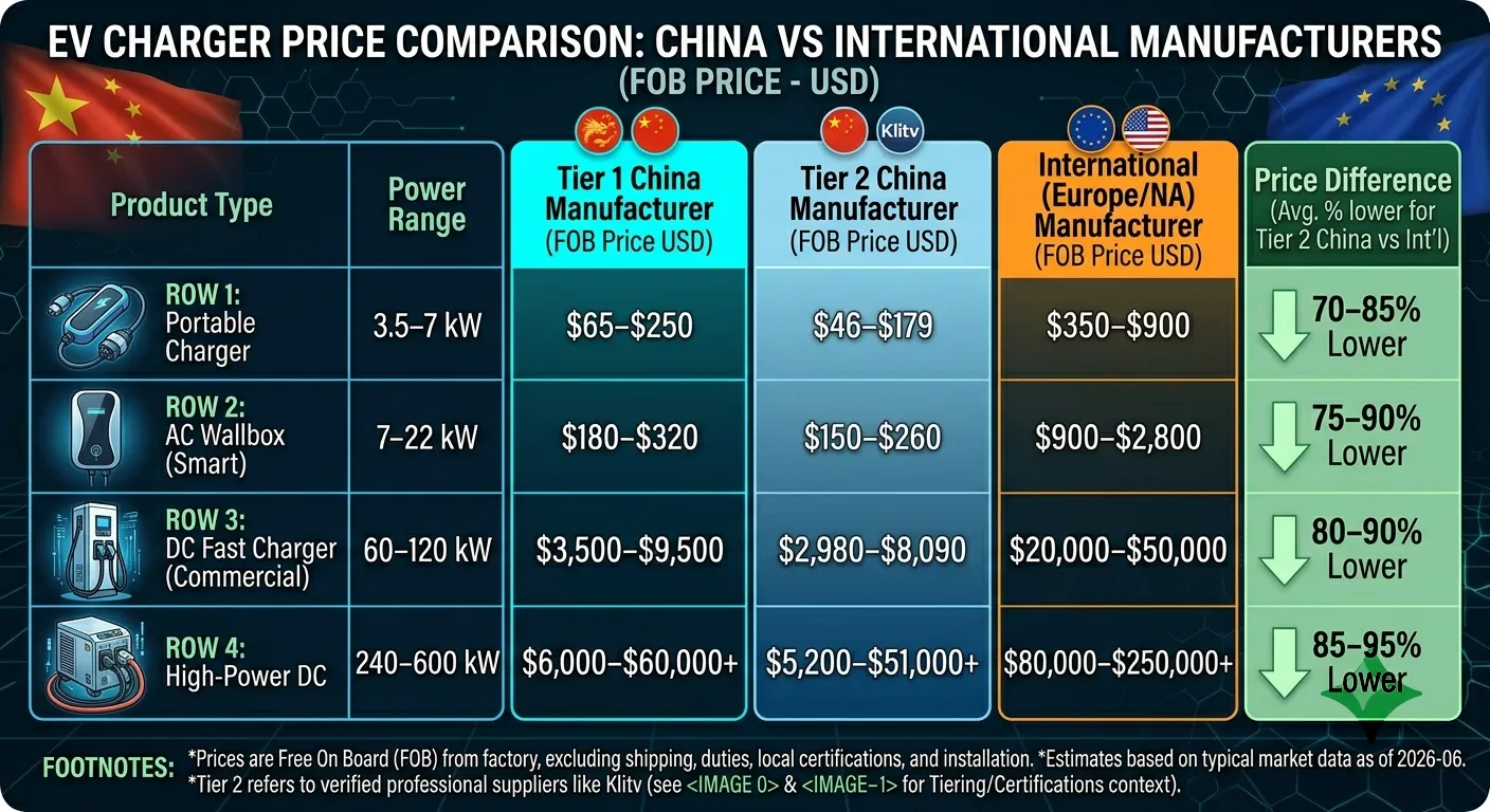 EV charger price comparison — China vs international manufacturers across portable, AC wallbox, and DC fast charger categories