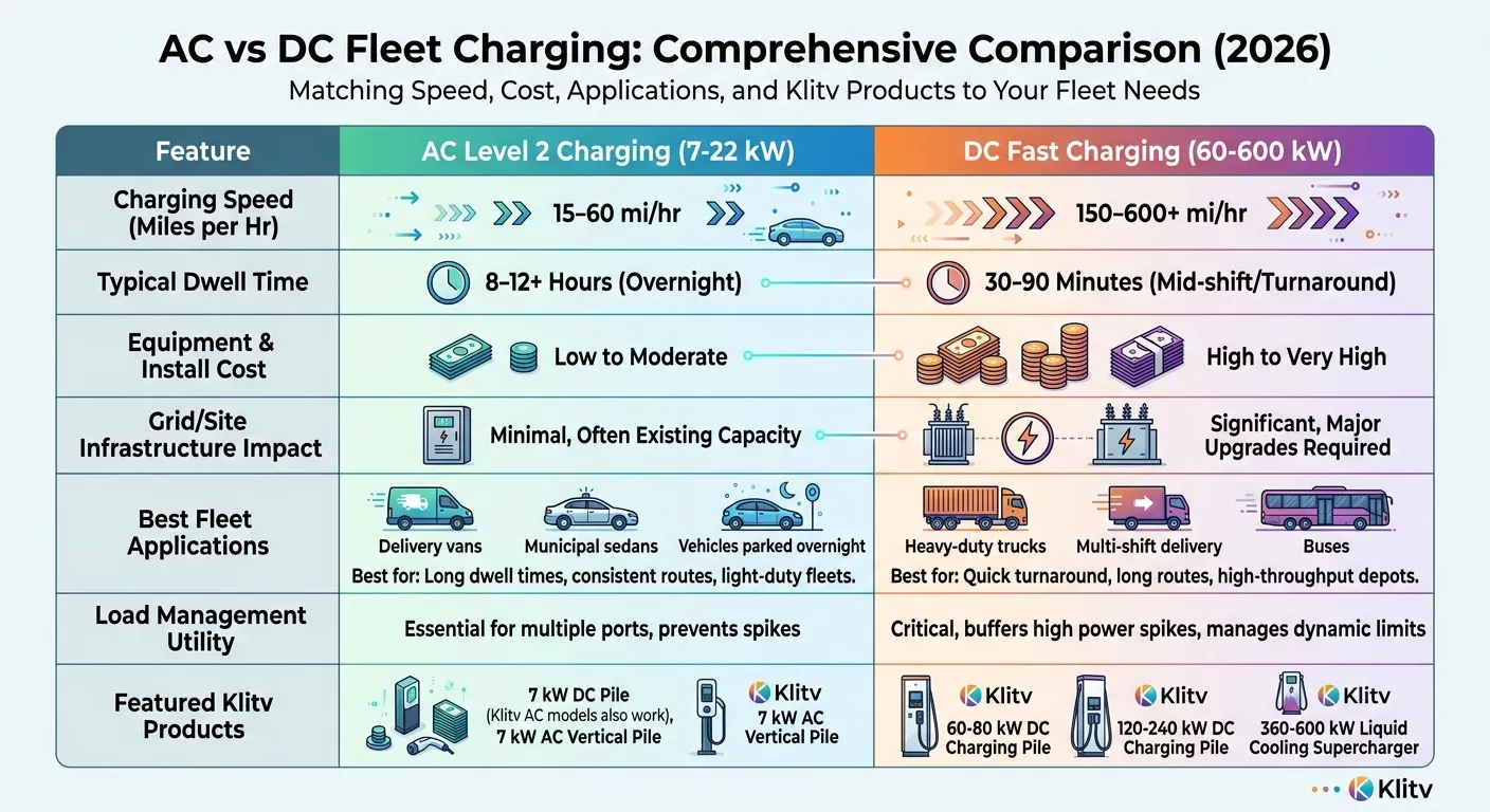 AC vs DC fleet charging comprehensive comparison — power levels, charge times, costs, and best-fit use cases for commercial fleets