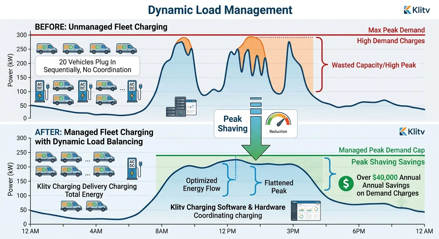 Dynamic load management for EV fleet charging — intelligently distributing power across chargers to reduce peak demand and avoid costly upgrades