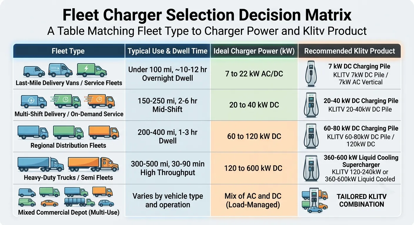 Fleet charger selection decision matrix — matching fleet type, daily range, and dwell time to the right hardware