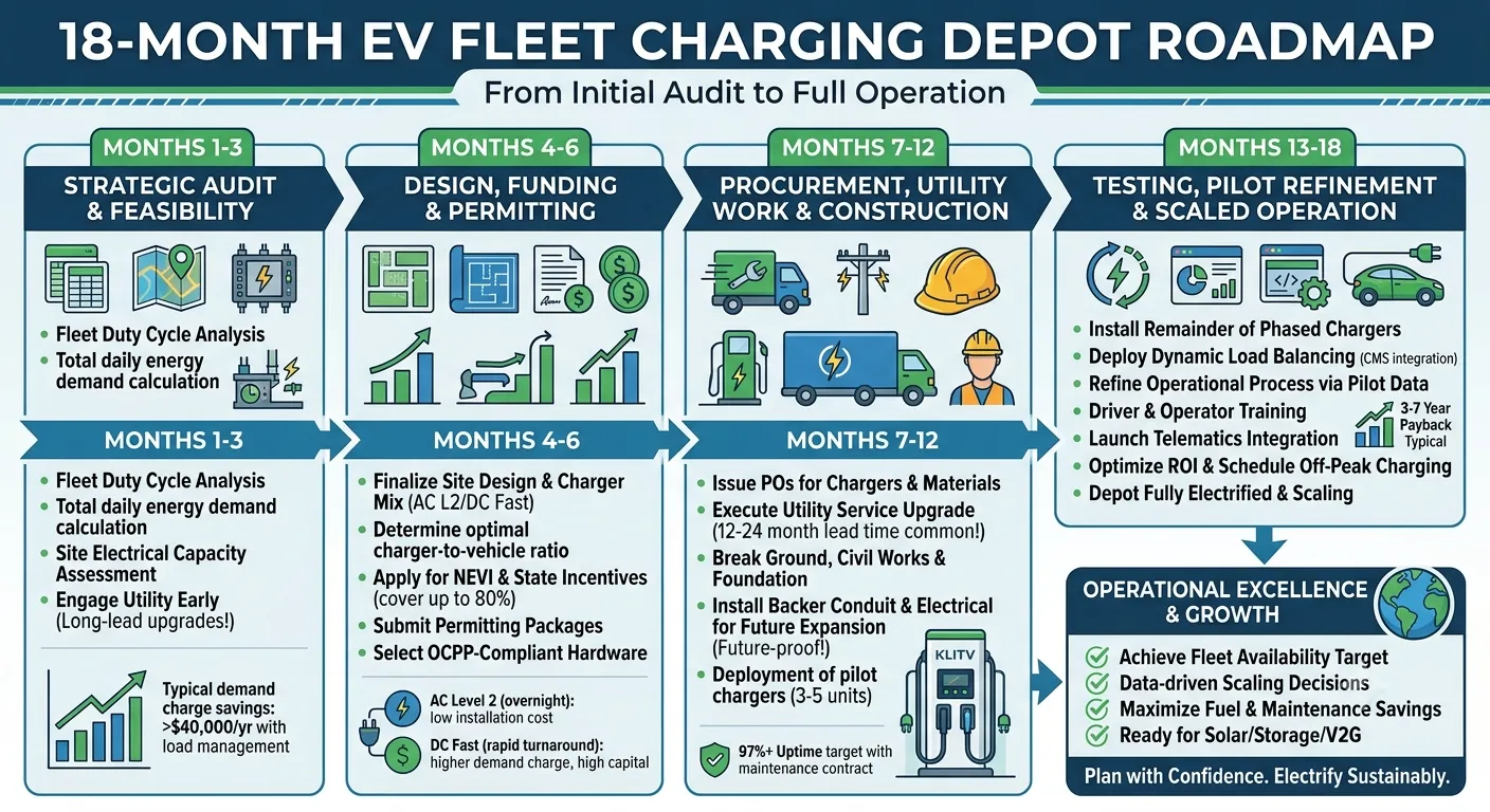 18-month EV fleet charging depot roadmap — from fleet analysis through scaled deployment and optimization
