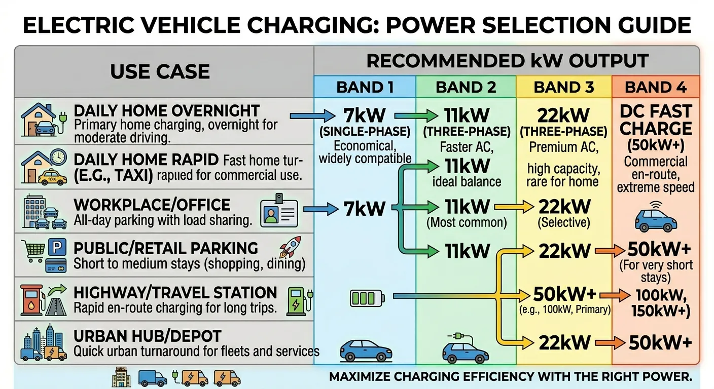 EV charging station power output selection guide — matching kW tier to dwell time and use case