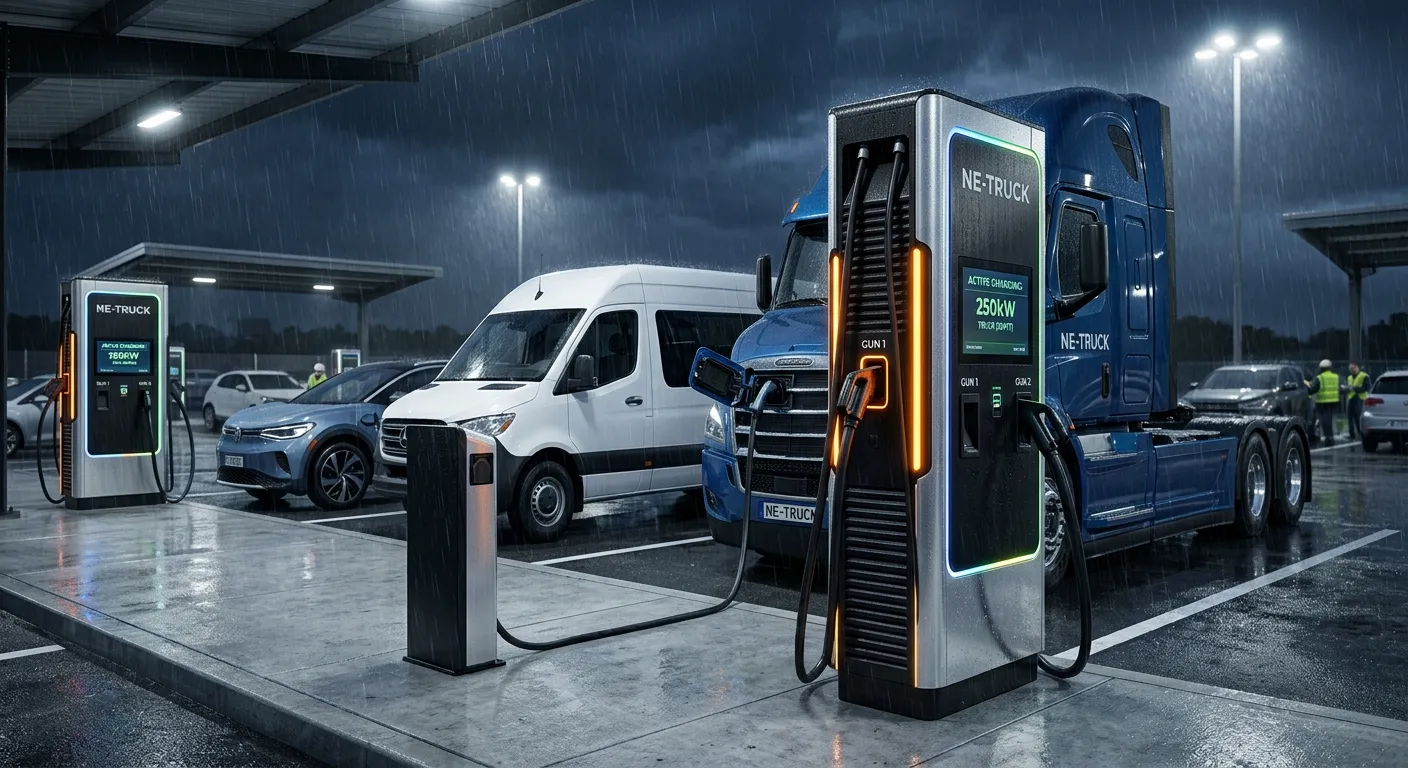 Level 3 EV charger fleet depot — overnight charging management for commercial logistics fleets