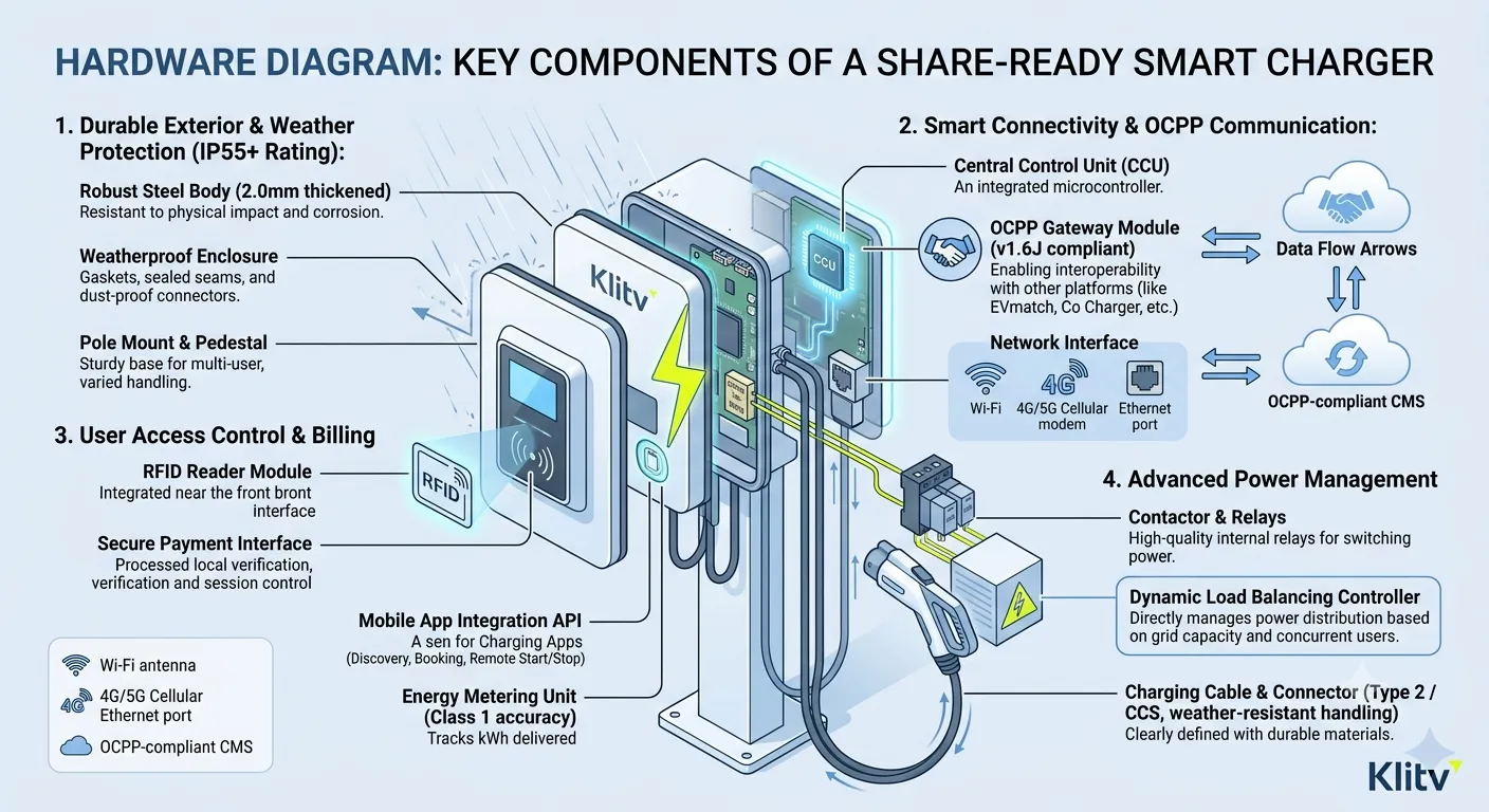 Key components of a share-ready smart charger — OCPP connectivity, remote access, weather-resistant enclosure, and smart management features