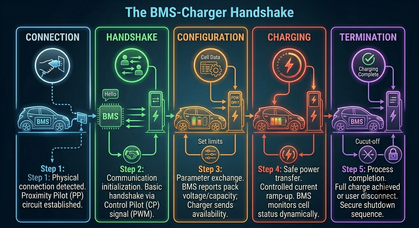 The BMS-charger handshake — 7-step digital negotiation before current flows