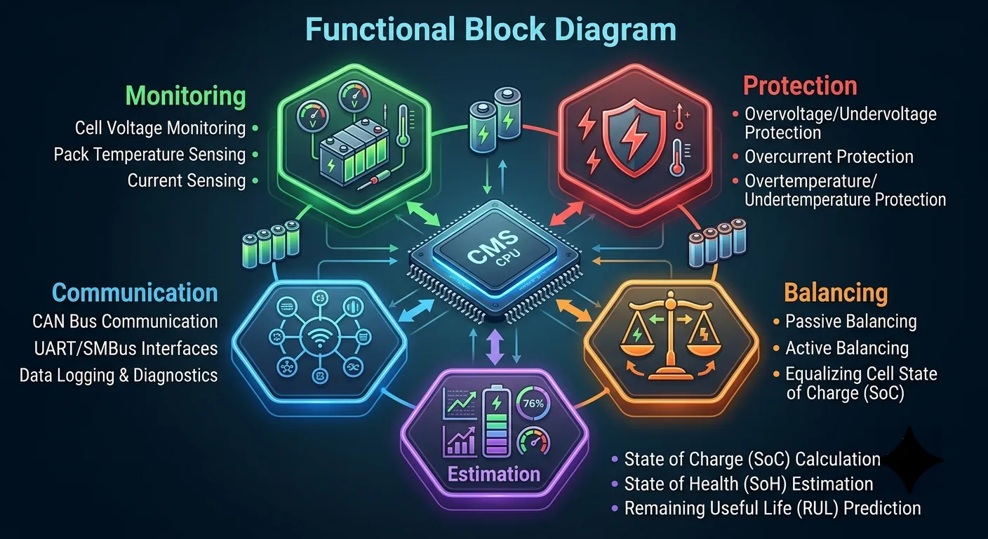 BMS functional block diagram — cell monitoring, state estimation, thermal management, and safety protection