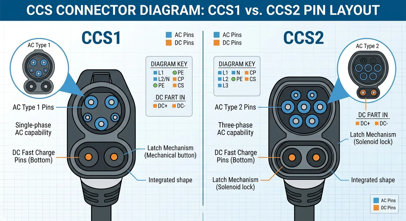 CCS connector diagram — CCS1 vs CCS2 pin layout and physical differences