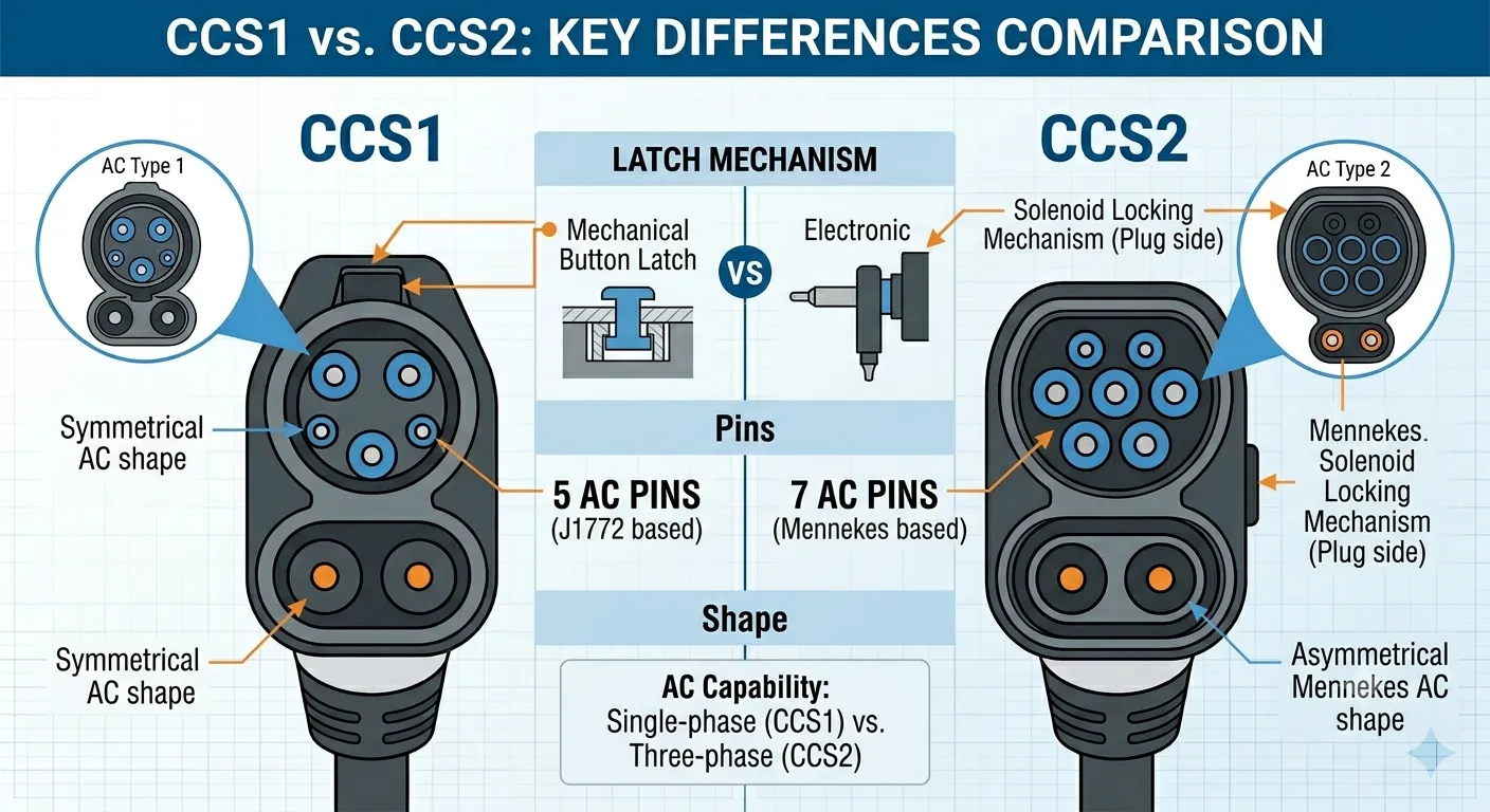 CCS1 vs CCS2 key differences comparison — connector shape, locking mechanism, max power, and regional usage