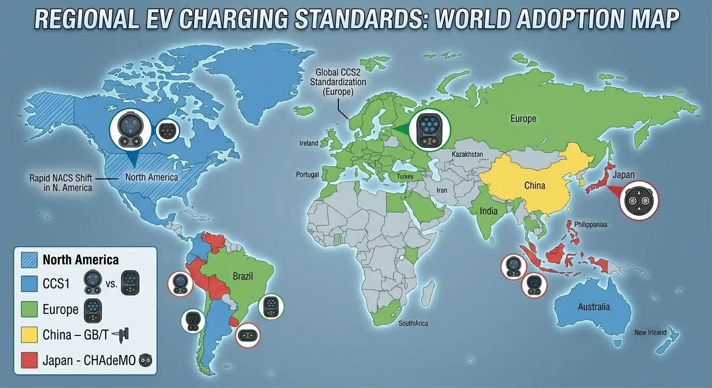 Regional EV charging standards world adoption map — CCS2 dominates globally, CCS1 and NACS in North America, GB/T in China