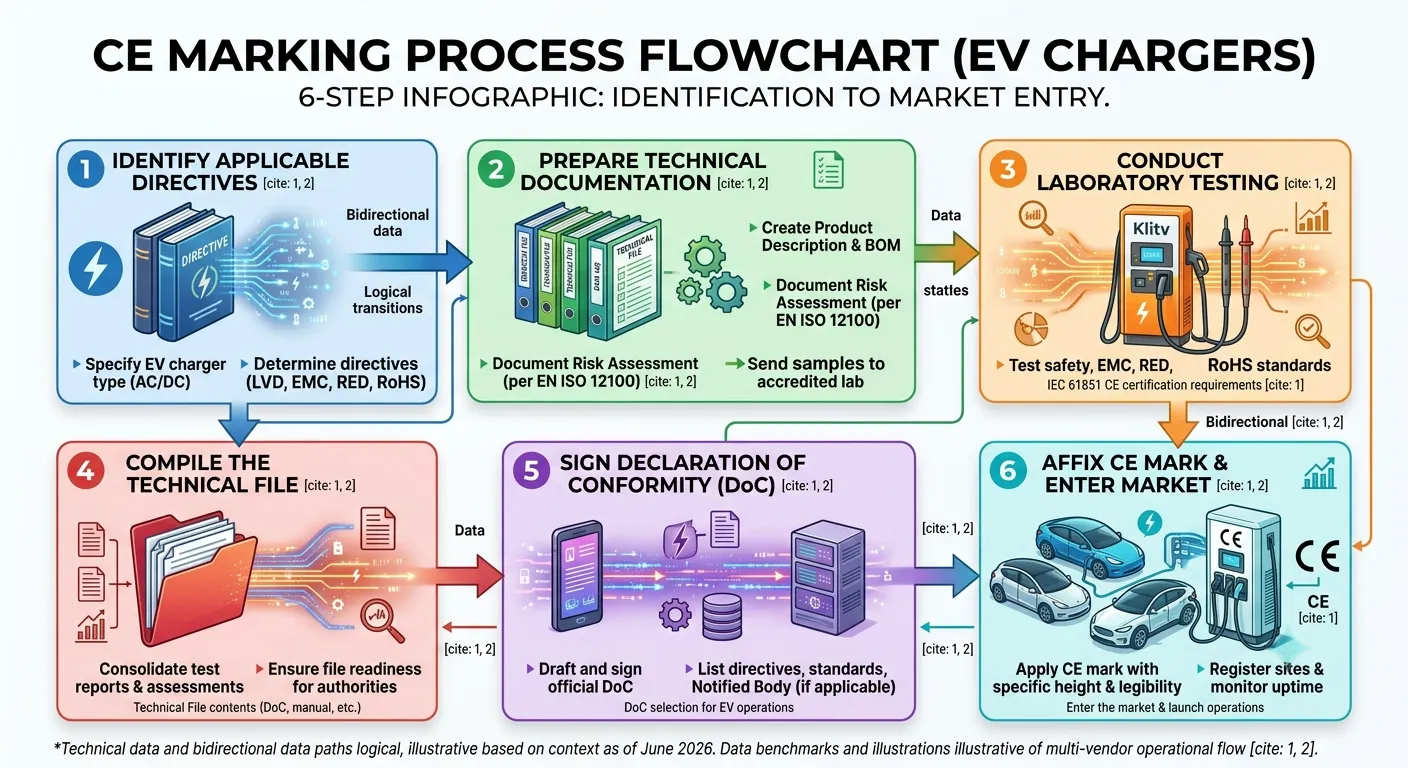 CE marking process flowchart for EV chargers — 5-step certification pathway