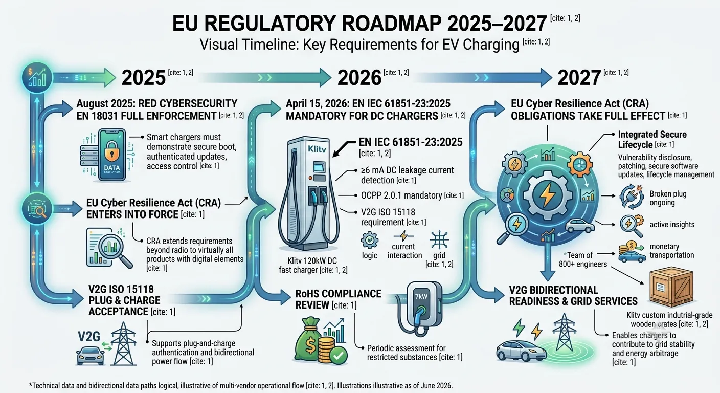 EU regulatory roadmap 2025–2027 — key deadlines for EV charger compliance
