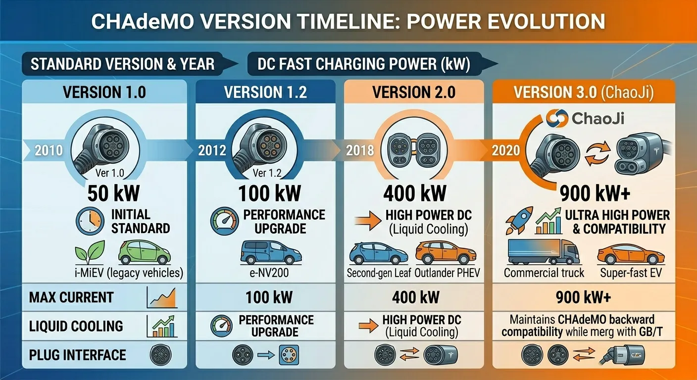CHAdeMO version timeline — power evolution from 62.5 kW to 900 kW ChaoJi