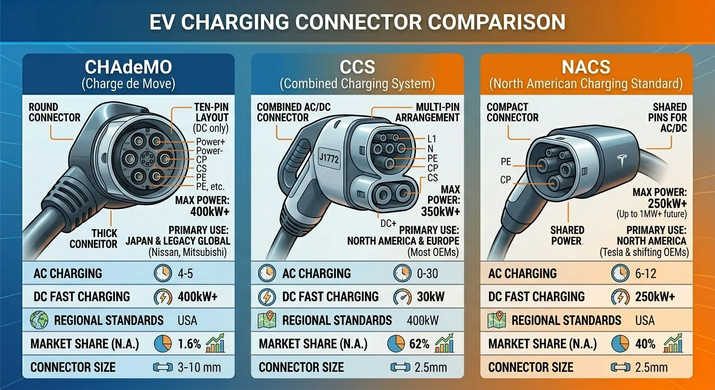 EV charging connector comparison — CHAdeMO vs CCS vs NACS physical differences and pin layout