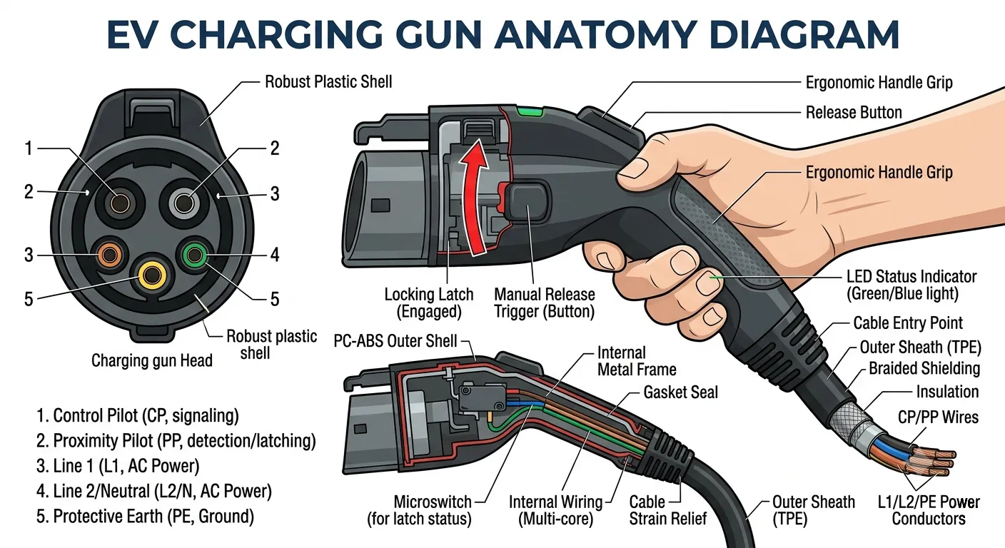 EV charging gun anatomy diagram — key components from plug to cable assembly