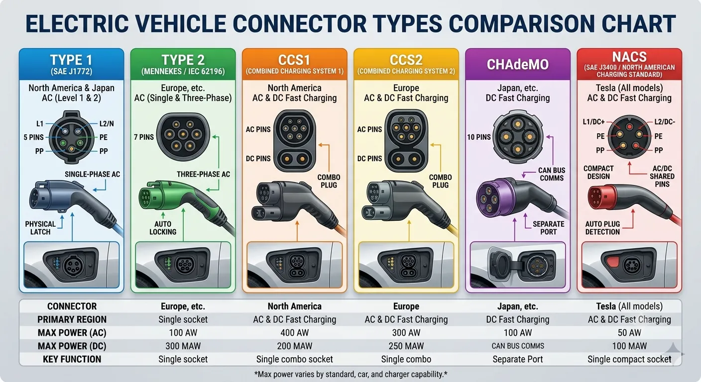 Electric vehicle connector types comparison chart — CCS1, CCS2, CHAdeMO, GB/T, NACS, and Type 1/Type 2
