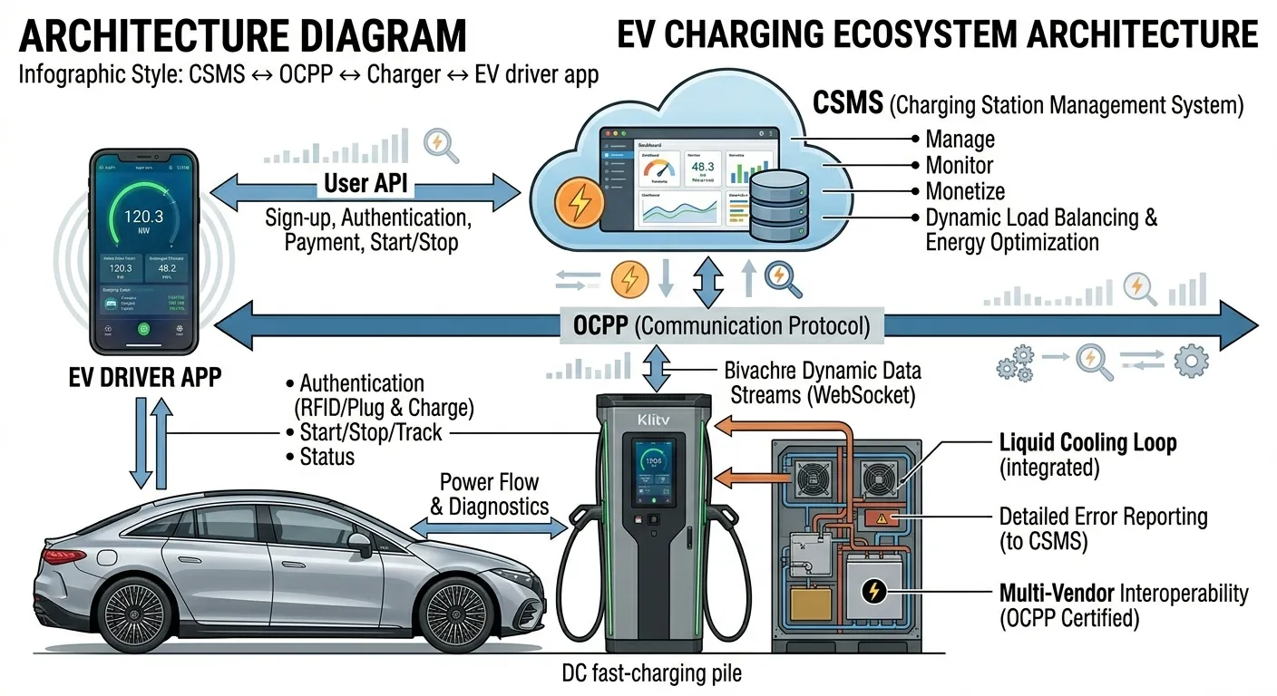 CSMS architecture — how OCPP connects chargers, management software, and EV driver apps