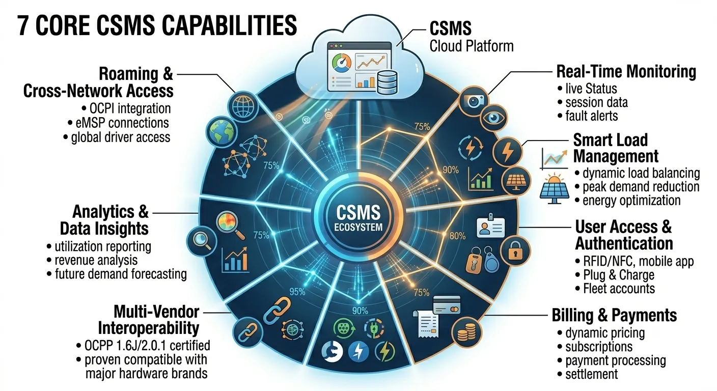 7 core CSMS capabilities — real-time monitoring, load management, billing, and analytics for EV charging networks