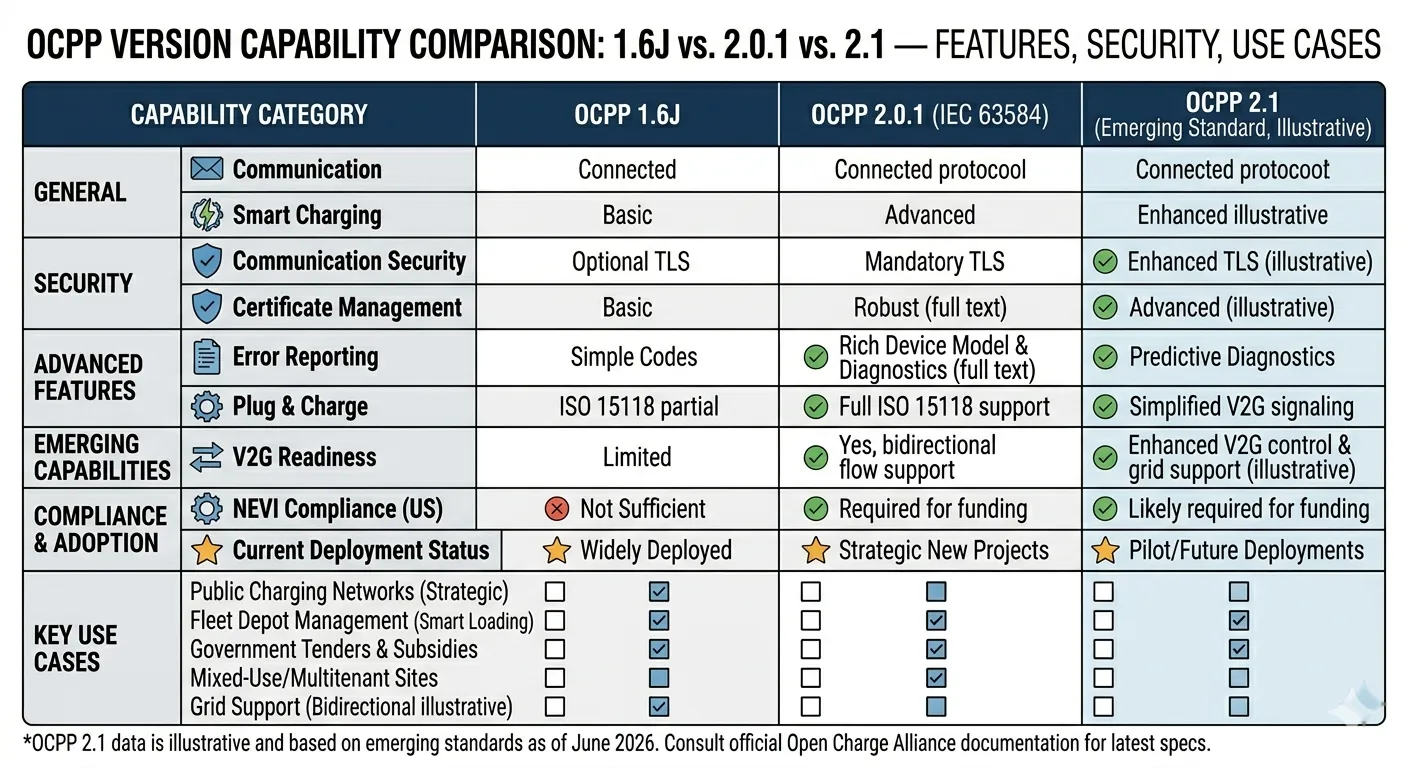 OCPP version capability comparison — 1.6J vs 2.0.1 vs 2.1 features, security, and use cases