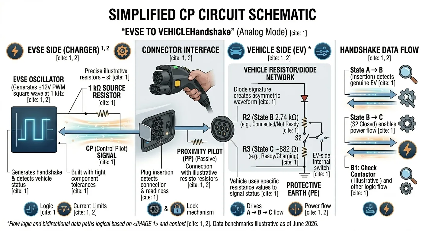 Simplified CP circuit schematic — oscillator, 1 kΩ source resistor, vehicle diode, and voltage measurement points