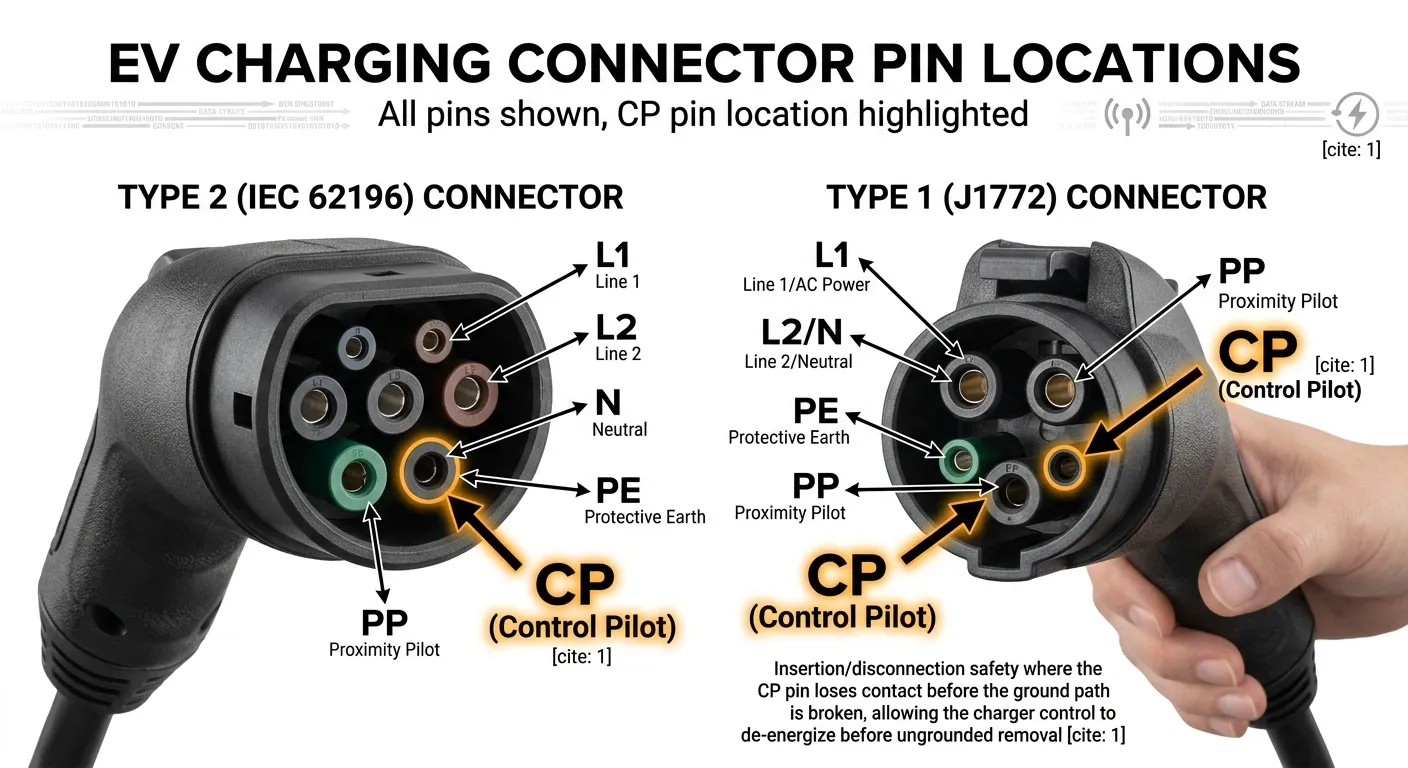 EV charging connector pin locations — all pins shown with CP pin highlighted