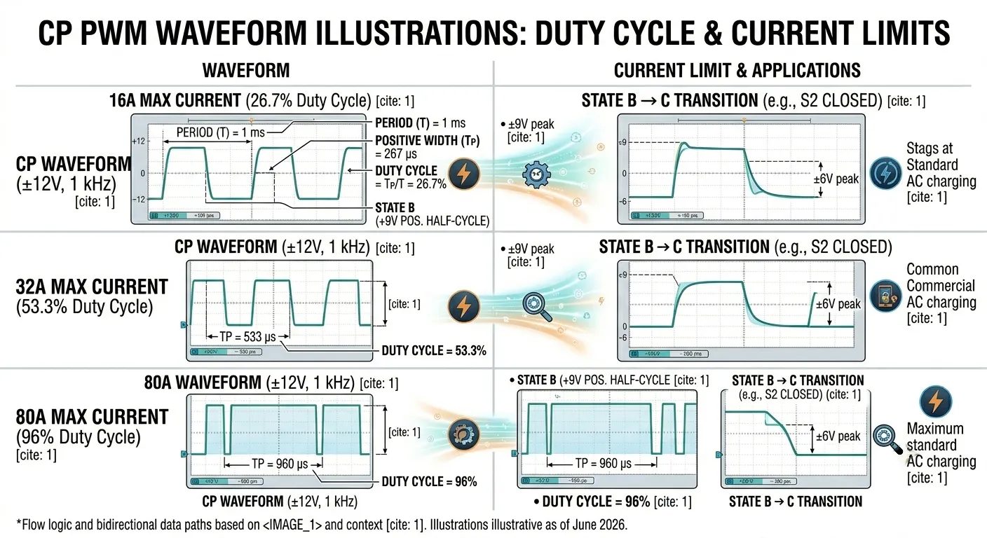 CP PWM waveform illustrations — duty cycle percentages and corresponding current limits
