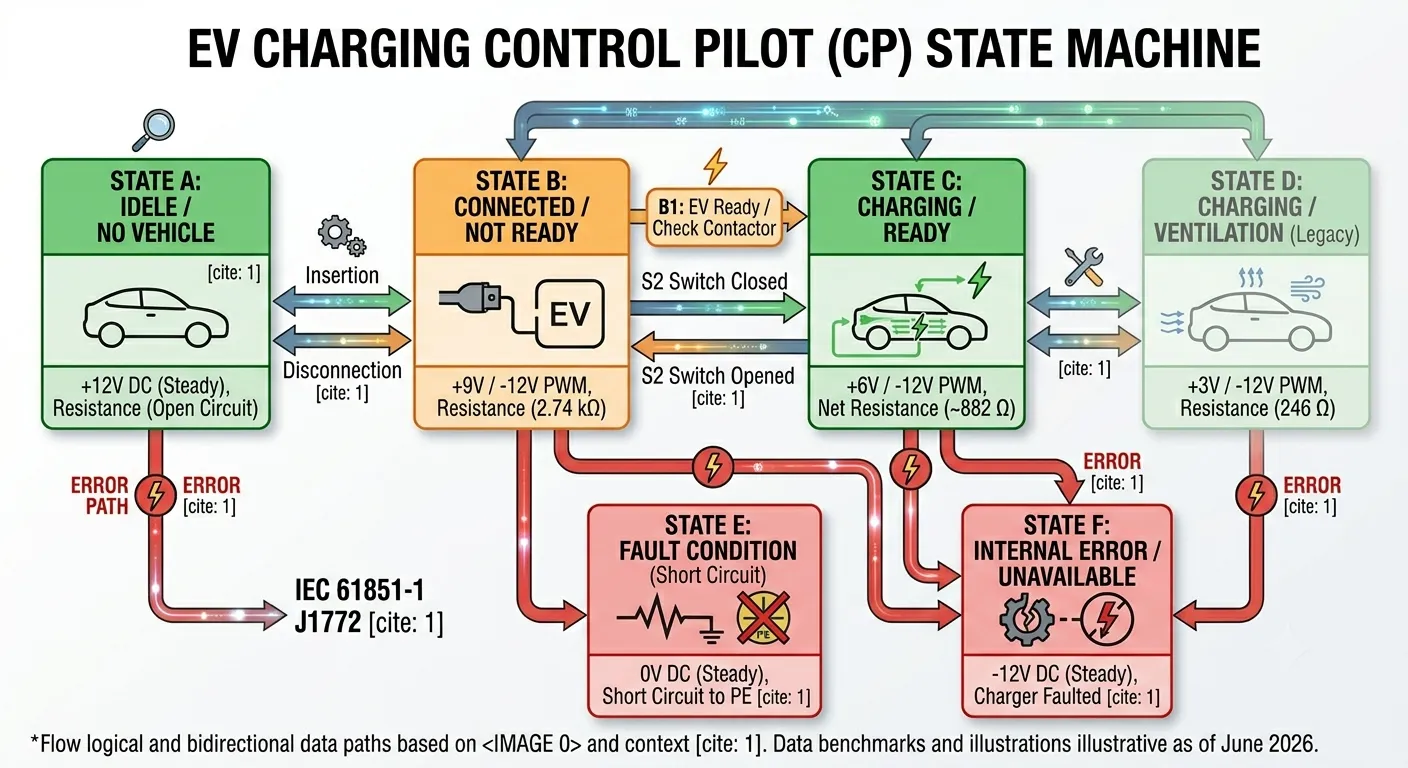 EV charging control pilot (CP) state machine — six states A through F with transition conditions