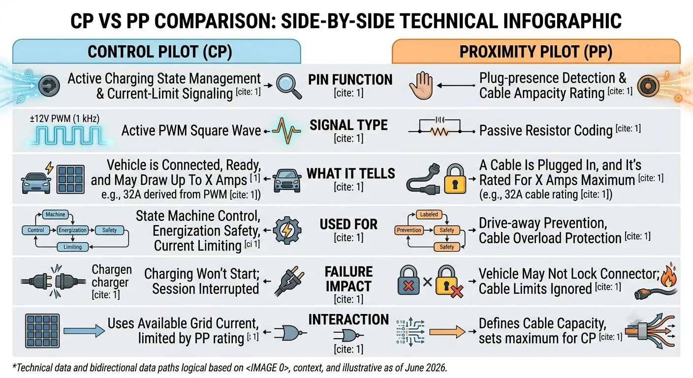 CP vs PP comparison — side-by-side technical infographic of Control Pilot and Proximity Pilot functions