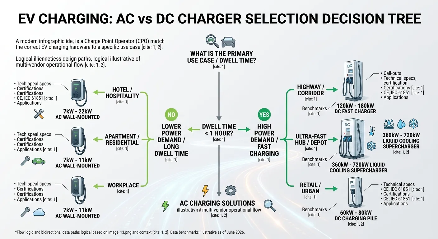 EV charging AC vs DC charger selection decision tree — match power level to dwell time and use case