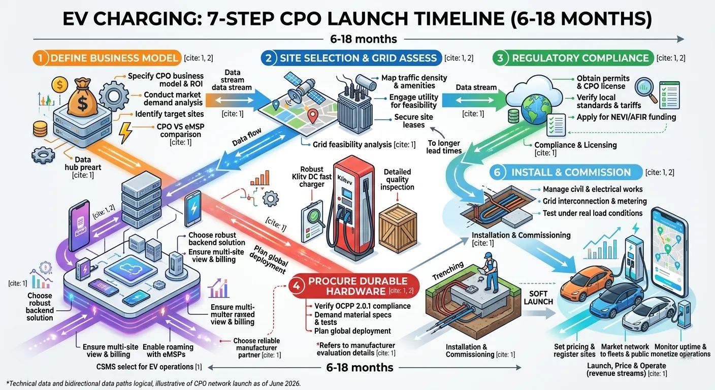 EV charging 7-step CPO launch timeline — 6 to 18 months from planning to operation