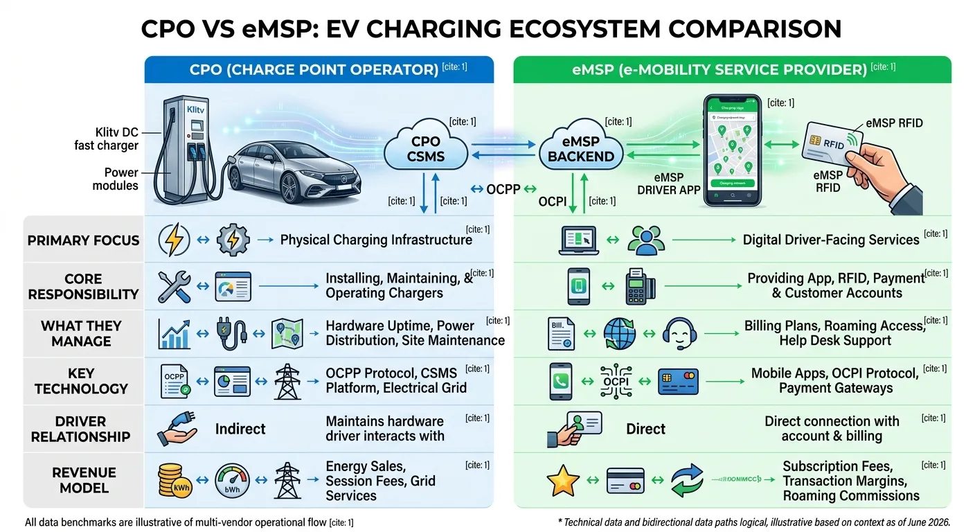 CPO vs eMSP comparison — roles, revenue models, and ecosystem responsibilities in EV charging