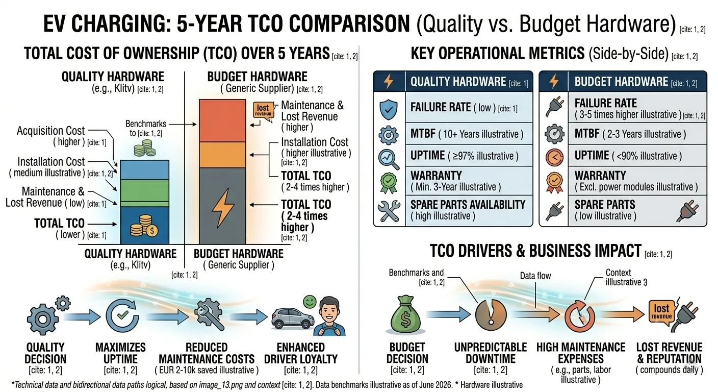 EV charging 5-year TCO comparison — hardware quality impact on long-term operator costs