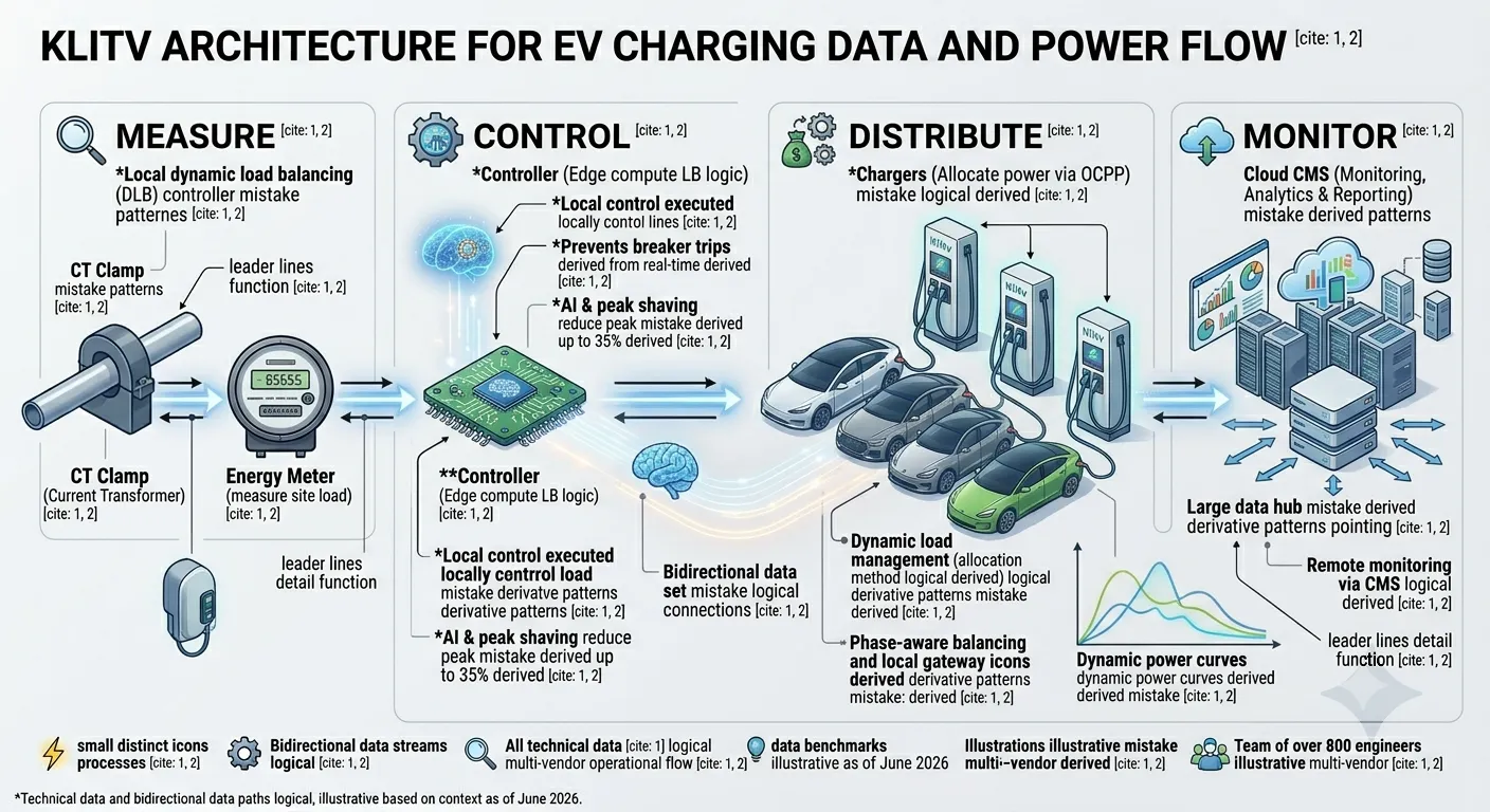 Architecture for EV charging data and power flow — from grid connection to charger-level load management