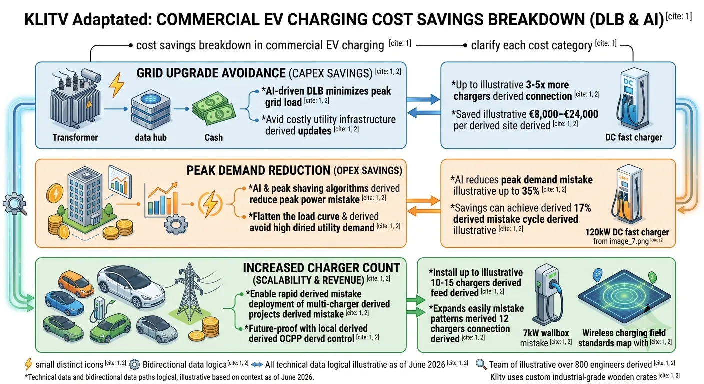 Commercial EV charging cost savings breakdown — DLB impact on grid upgrade avoidance, peak demand, and energy costs