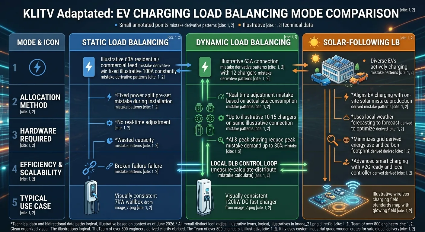 EV charging load balancing mode comparison — equal share, priority-based, and scheduled strategies